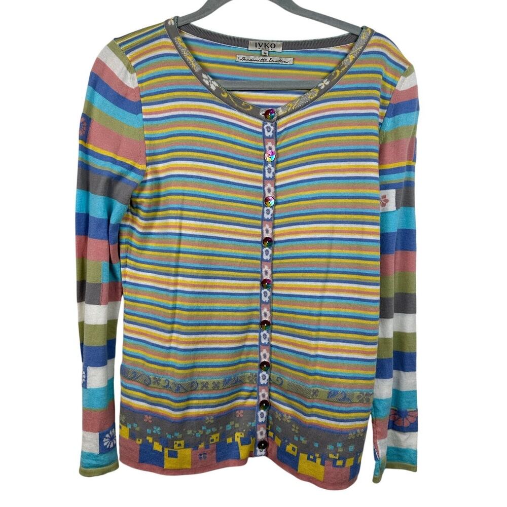 Ivko Women’s Multicolor Pastel Floral Stripe Knit Cardigan Cotton Size 38/M Art